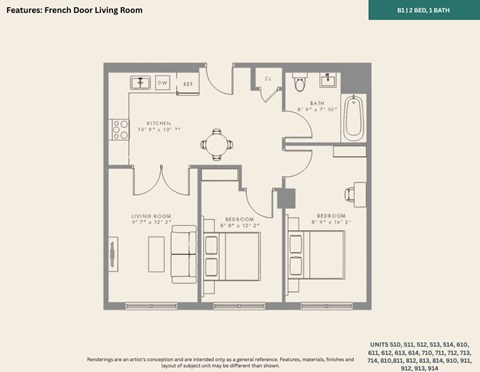 Floor plan for 2 beds, 2 baths, 733 sqft